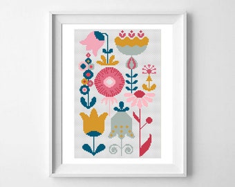 Retro Floral Cross Stitch Pattern: Mid-Century Modern (PDF Pattern)