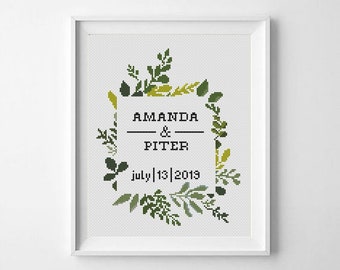 Personalized wedding cross stitch pattern Green wreath wedding record Flower wreath, rustic, floral, leaves, leaf, love, anniversary X271