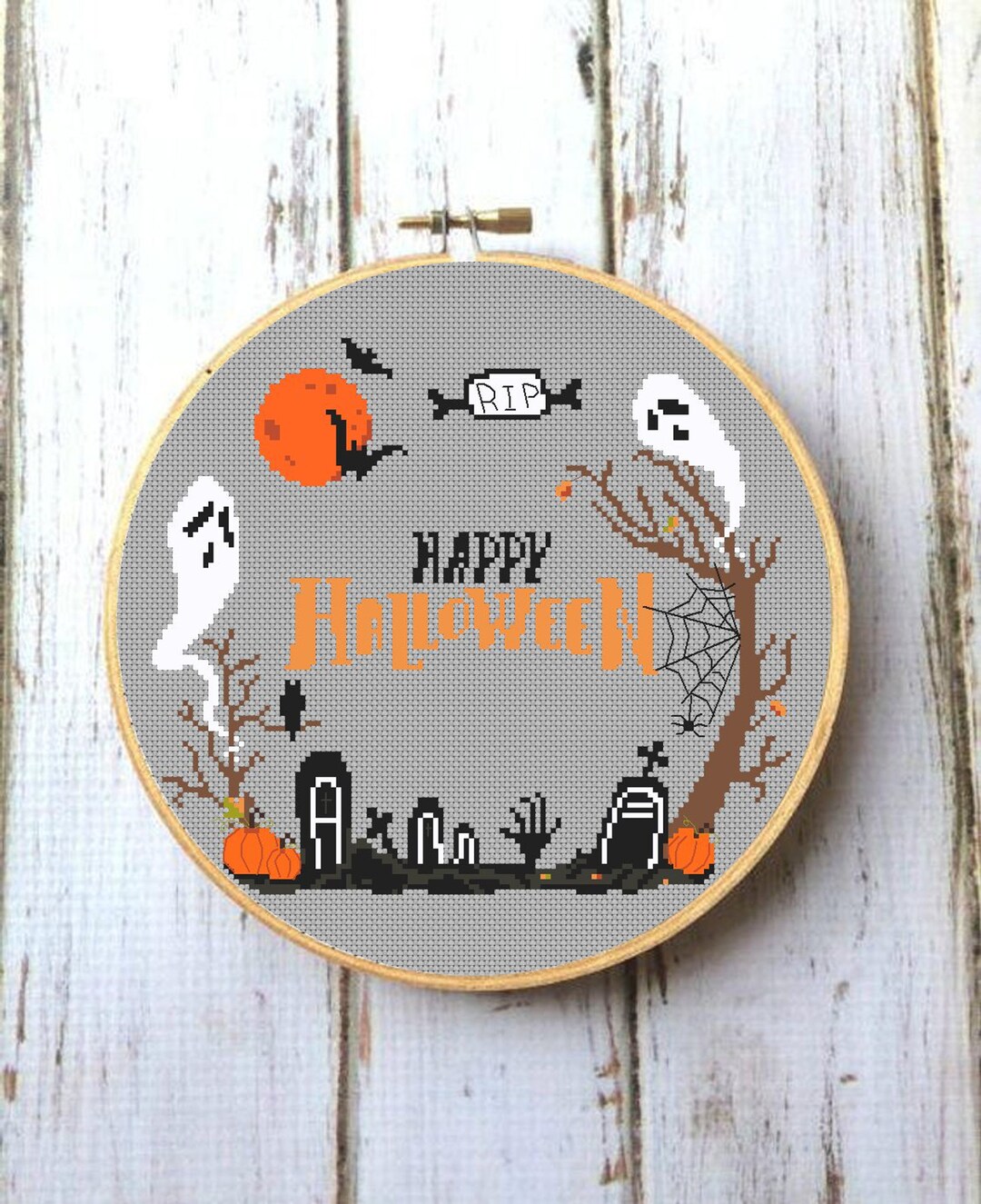 Happy Halloween Cross Stitch Pattern, Moon Creepy Night Sky Spooky ...