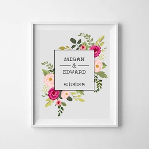 Personalized Wedding Cross Stitch Pattern: Floral Wreath, Anniversary Record (PDF Pattern)