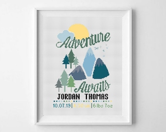 Mountains birth announcement Counted cross stitch pattern New baby girl boy nursery adventure X325