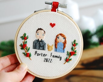 Christmas family ornament | Cross stitch portrait | Personalized Christmas gift for wife or husband