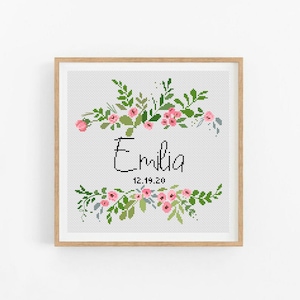 Anúncio de nascimento de guirlanda floral padrão de ponto cruz contado, bebê, personalizado, decoração de berçário de flores para meninas, presente DIY - Formato Digital 352