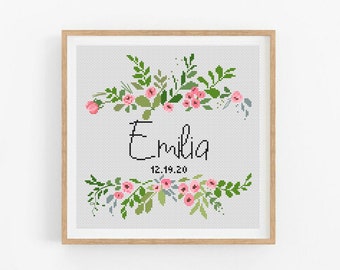 Floral wreath birth announcement counted cross stitch pattern, baby, personalized, flowers girl nursery decor, gift DIY - Digital Format 352