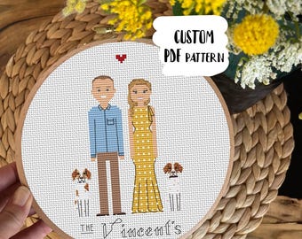 Modèle de point de croix personnalisé pour portrait de famille, cadeau d'anniversaire (PDF)