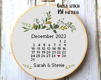 Custom cross stitch wedding pattern Personalized wedding Floral wreath cross stitch Anniversary gift Hoop art Special day calendar X414