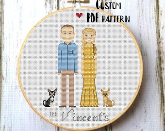 Famiglia personalizzata a punto croce / Ritratto di cane personalizzato / Regalo per gli amanti dei cani / Anniversario del cotone