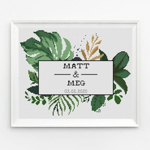 Tropical Wedding Cross Stitch Pattern, Greenery, Leaf, Monstera, Wedding Announcement Cross Stitch Modern Wedding PDF Instant Download image 1