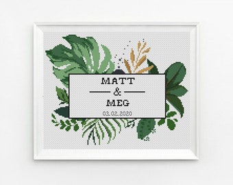 Tropical Wedding Cross Stitch Pattern, Greenery, Leaf, Monstera, Wedding Announcement Cross Stitch Modern Wedding * PDF Instant Download *