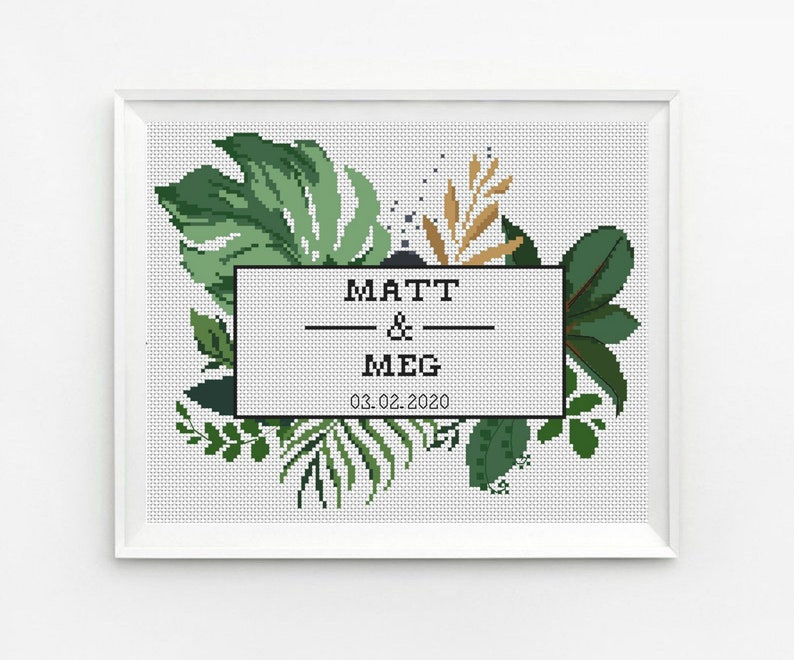 Tropische bruiloft kruissteek patroon, groen, blad, Monstera, huwelijksaankondiging kruissteek moderne bruiloft PDF Instant Download afbeelding 1