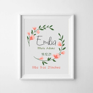 Anúncio de nascimento moderno padrão de ponto cruz, bebê, personalizado, decoração de berçário de flores para meninas, contado, gráfico, presente DIY - formato digital