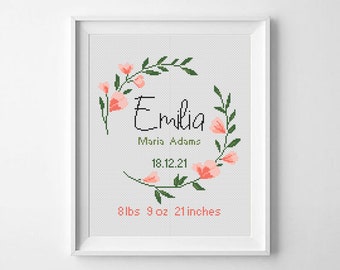 Modern Birth Announcement Cross Stitch Pattern: Floral Girl Nursery (Digital Format)