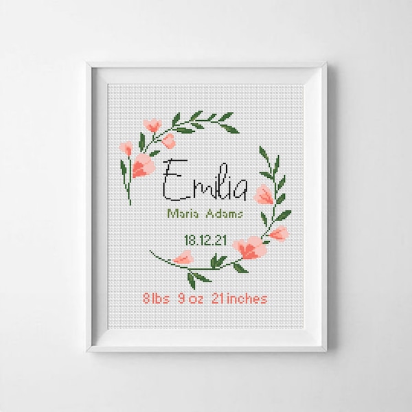 Birth announcement modern cross stitch pattern, baby, personalized, flowers girl nursery decor, counted, chart, gift DIY - Digital Format