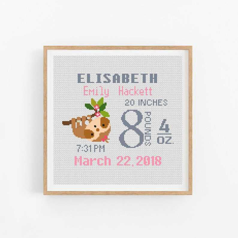 Baby Birth Announcement Lazy Sloth Cross Stitch Pattern Etsy