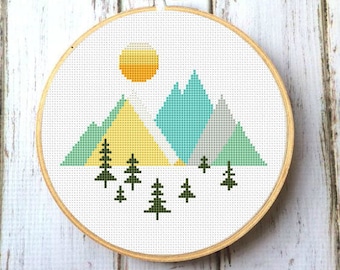 Mountains Geometric Cross Stitch Pattern Geometric Forest Scandinavian Mid Century Woodland cross stitch Modern cross stitch X178