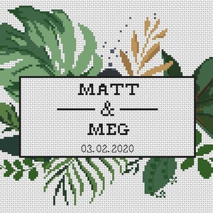 Tropical Wedding Cross Stitch Pattern, Greenery, Leaf, Monstera, Wedding Announcement Cross Stitch Modern Wedding PDF Instant Download image 4