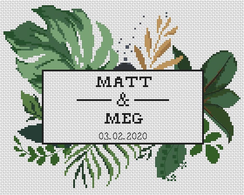 Tropical Wedding Cross Stitch Pattern, Greenery, Leaf, Monstera, Wedding Announcement Cross Stitch Modern Wedding PDF Instant Download image 4