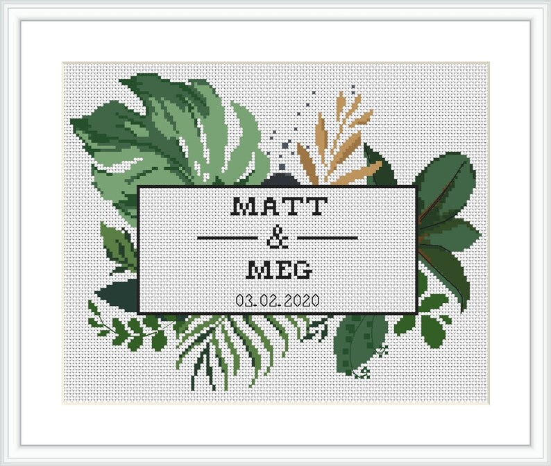 Tropical Wedding Cross Stitch Pattern, Greenery, Leaf, Monstera, Wedding Announcement Cross Stitch Modern Wedding PDF Instant Download image 3