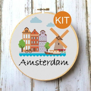 Amsterdam Cross stitch  KIT, Netherlands Cross Stitch, Landmark Cross Stitch, City Cross Stitch, Cross stitch World, Needlepoint Kits X106