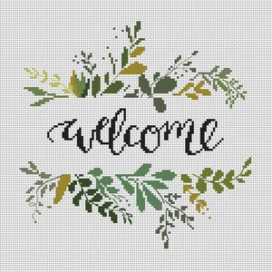 Welcome Cross Stitch Pattern, Modern cross stitch, Floral flower wreath cross stitch, Room Wall Decor, Hoop art, Instant download X346 image 2