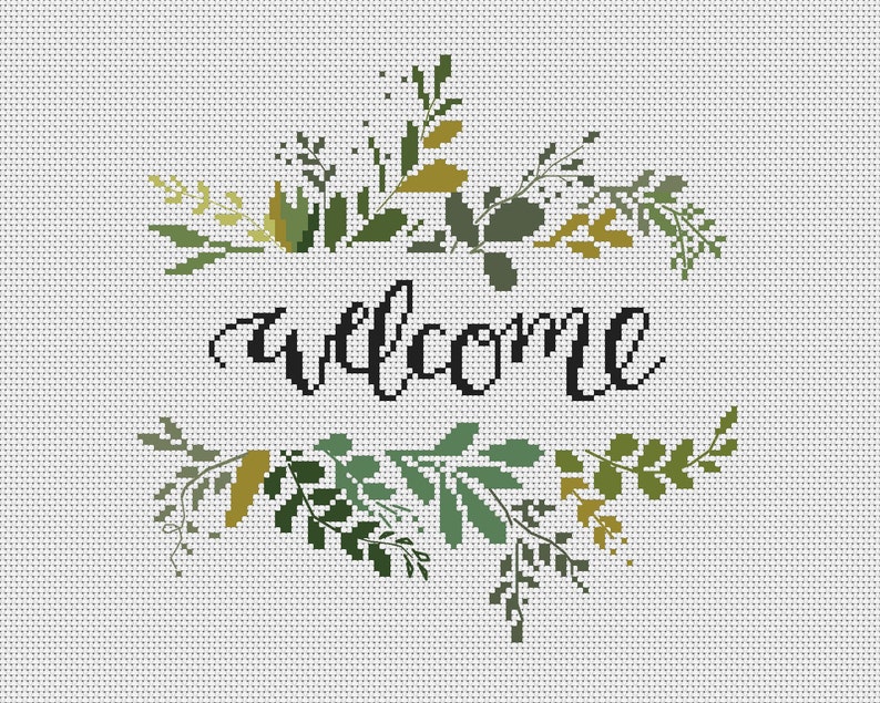 Welcome Cross Stitch Pattern, Modern cross stitch, Floral flower wreath cross stitch, Room Wall Decor, Hoop art, Instant download X346 image 2