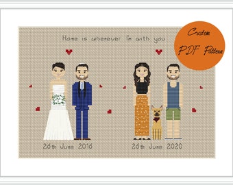 Personalized cross stitch PDF pattern, Custom family illustration, Cotton anniversary, DIY, Craft