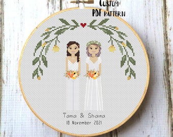 Cotton anniversary family portrait from photo Custom counted cross stitch PDF pattern Linen gift for wife Gift for couple DIY gift