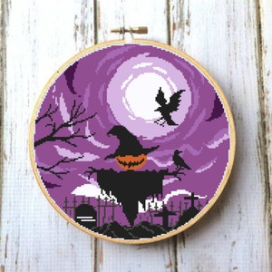 Spooky scarecrow cross stitch pattern, Halloween cross stitch design Landscape cross stitch chart Modern easy DIY- Digital Format #X403