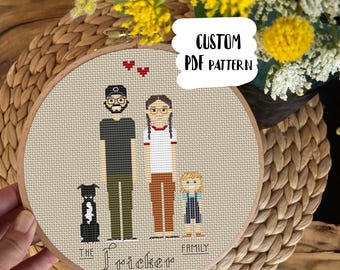 Peut inclure: Un portrait de famille au point de croix personnalisé, dans un cercle à broder en bois. Le motif représente une famille de quatre personnes avec un chien, dans un style minimaliste. Le texte "The Fricker Family" est brodé en dessous. Le texte "CUSTOM PDF PATTERN" est également visible.