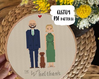Custom Family Portrait Cross Stitch Pattern, 5th Anniversary Gift (PDF)
