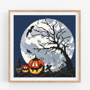 Cross stitch pattern Halloween PDF, moon creepy night sky spooky Halloween embroidery, Ghost and Pumpkin decor - Digital Format- N001