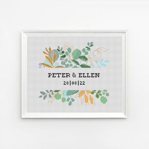 Wedding modern cross stitch pattern Personalized counted cross stitch Wedding anniversary sampler Floral wreath Engagement gift X366
