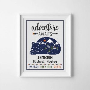 Mountains birth announcement counted cross stitch pattern PDF New baby girl boy nursery adventure, forest, trees, wild animal, bear X351