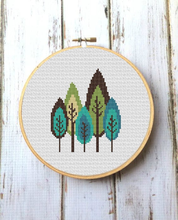 Retro Trees Cross Stitch Pattern PDF Instant Download Modern Etsy
