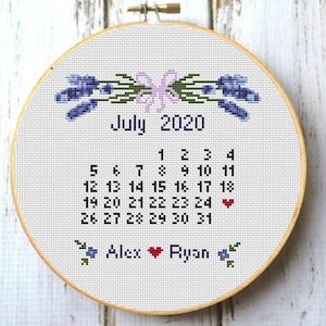 Custom cross stitch wedding Personalized wedding Lavender flower cross stitch Anniversary gift Hoop art Special day calander X096