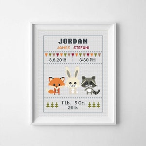 Birth announcement Baby cross stitch pattern Woodland Fox Rabbit Racoon Birth sampler New baby girl boy Animals cross stitch