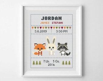 Birth announcement Baby cross stitch pattern Woodland Fox Rabbit Racoon Birth sampler New baby girl boy Animals cross stitch