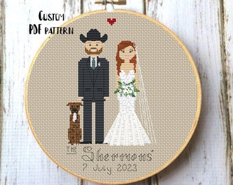 Custom wedding newlywed gift for couple, Cross stitch pattern PDF, Commission portrait, 1st anniversary, 2nd cotton anniversary gift