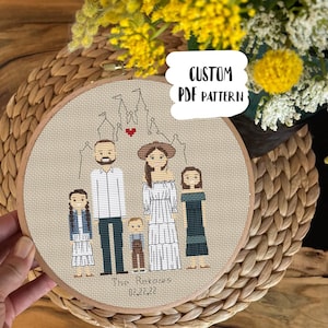 Cotton anniversary gift Cross Stitch Family PDF pattern Gift for her Modern cross stitch Custom Family portrait DIY counted cross stitch