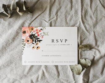 Printable Watercolor Botanical Wedding RSVP Card, Classic Wedding rsvp card, digital download, DIY Wedding