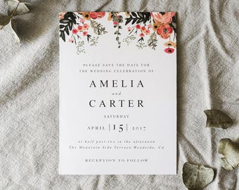 Printable Watercolor Botanical Wedding Invitation, Greenery Minimalist Wedding Invitation, DIY Wedding