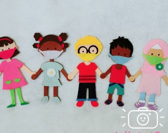 5 little children wearing mask/multicultural/diversity/Friendship theme Flannel Board Felt story song/Five Friends Storytelling Set/kids