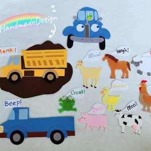Kleiner blauer Laster auf dem Bauernhof Tiere Filz Geschichte Aktivität / Bau-LKW Flanellbrett / Lernmittel / Kreiszeit / Sprachtherapie / dramatisches Spiel /