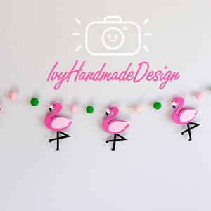 Flamingo Felt Garland/Needle Felt Ball Pink Girl Bedroom/Gift/Wall Nursery decor/Tropical Hawaiian Princess/Baby Shower/Party Banner/Bunting