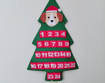 Dog Christmas Tree fabric advent calendar felt wall mat Decoration/countdown/Velcro Play Mat Personalized Gift/Pup lover/Treat Doggy/Pet