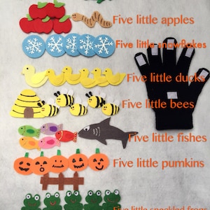 Five Little Pumpkins/bees/snowflakes/speckled frogs/fishes/monkeys/ducks/apples/Old McDonald had a farm Finger Play Glove/ Felt Puppet Glove image 1