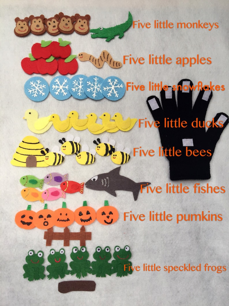 Five Little Pumpkins/bees/snowflakes/speckled frogs/fishes/monkeys/ducks/apples/Old McDonald had a farm Finger Play Glove/ Felt Puppet Glove image 1