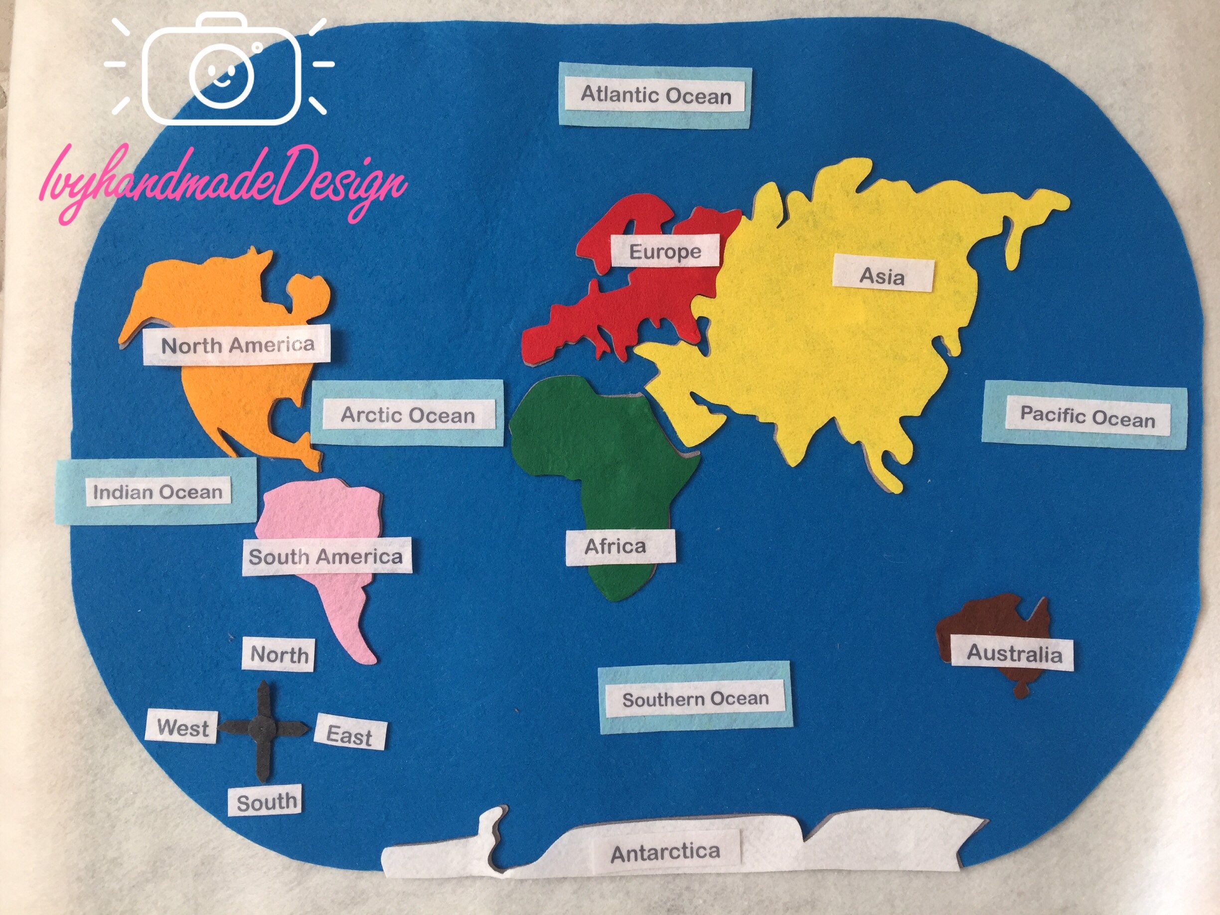 montessori felt world mapworld map with continent etsy