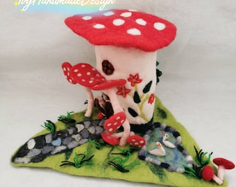 3D Needle felt Mushroom house Waldorf/Grassy Gnomes House  Scene/Small World/Open Ended Play/Woodland gift/Fairy Pretend/red toadstool KID