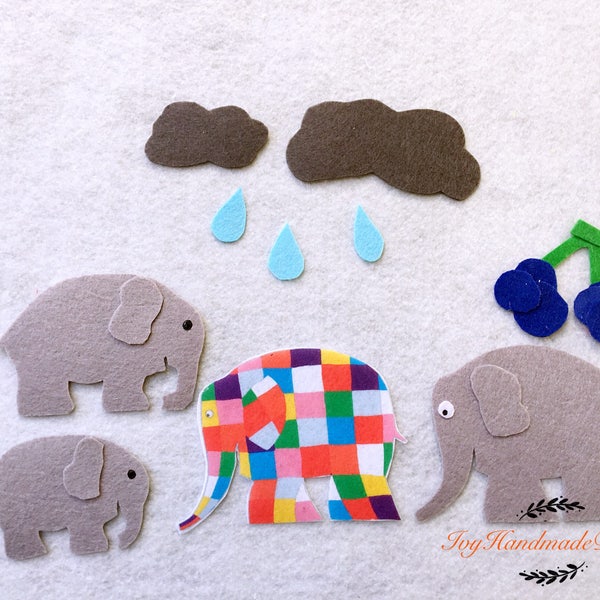 Elmer/L'histoire d'un éléphant en patchwork/ensemble d'histoires en feutre/ressource pédagogique/Tableau en flanelle/Ensemble d'activités pour tableau en feutre/Imagination/Préscolaire